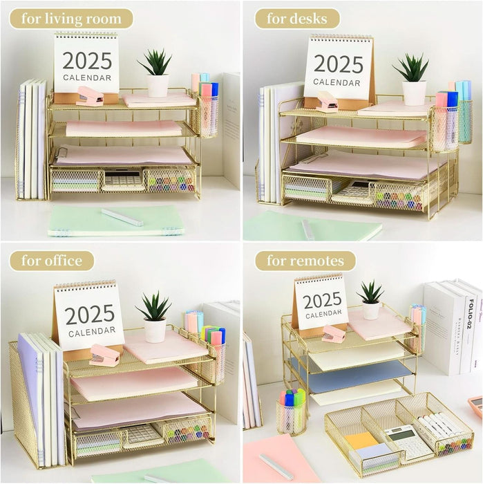 Paper Letter Tray Organizer with File Holder, 4-Tier Desk Accessories & Workspace Organizers with Drawer and 2 Pen Holder, Desk Organizers and Accessories for Office Supplies