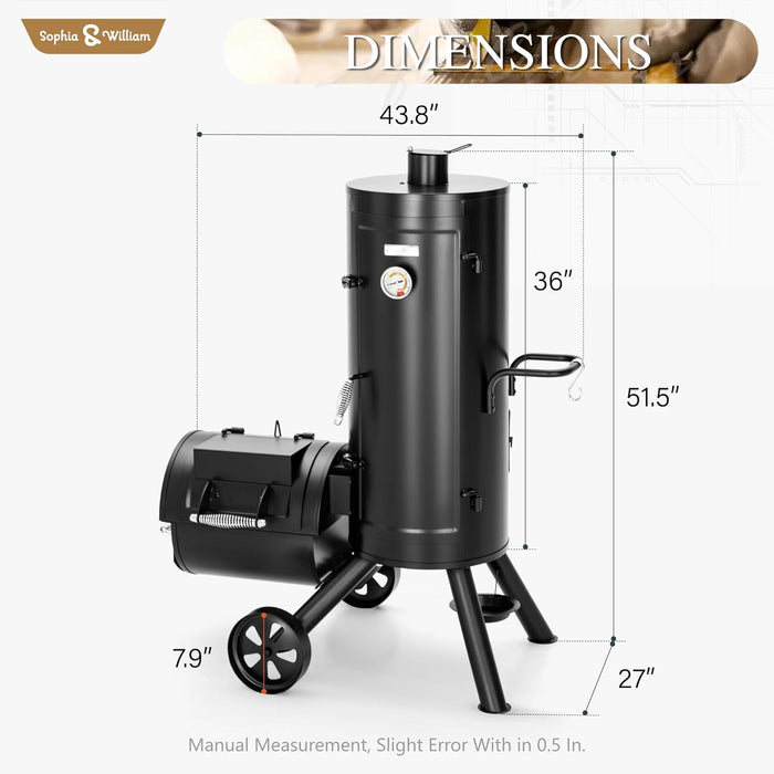 Heavy-Duty Vertical Offset Charcoal Smoker Extra Large Outdoor BBQ Gill with Offset Smoker, 961 SQ.IN. Cooking Area with Warming Tray,Push-Out Ash Tray for Event Gathering, Black