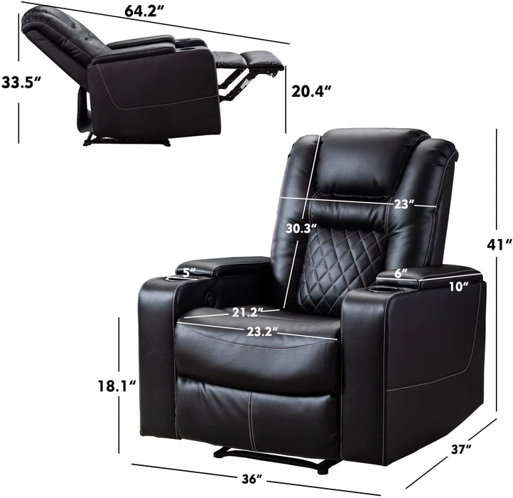 Power Electric Recliner Chair with USB Ports and Cup Holders Leather Home Theater Seating, Living Room Chair Black