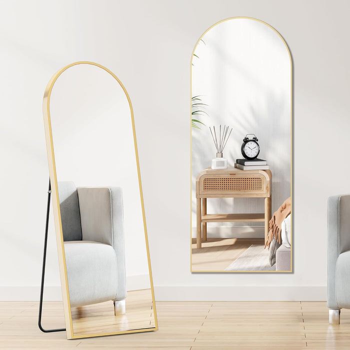64"X21" Arched Full Length Mirror, Leaning or Standing Full Body Mirror with Aluminum Alloy Thin Frame, Suitable for Bedroom or Cloakroom,Gold