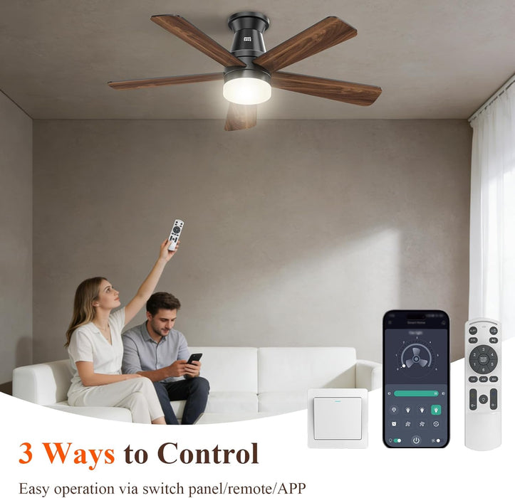 Ceiling Fans with Lights, 42 Inch Ceiling Fan with Light with App/Remote Control, 6000K Dimmable LED, Modern Flush Mount Ceiling Fan for Indoor Bedroom Living Room, DC Reversible, Black