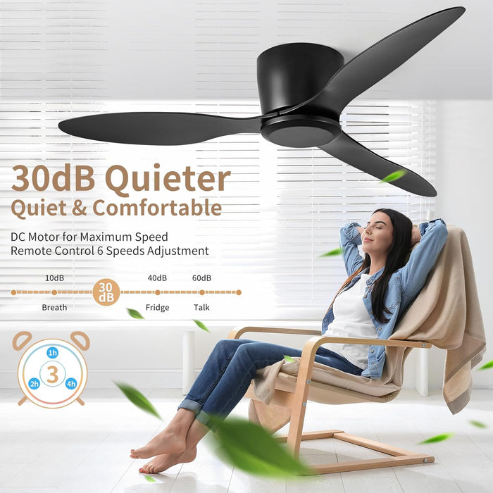 Ceiling Fans No Light with Remote Control Flush Mount 42 Inch Black Low Profile Ceiling Fan without Lights for Bedroom Kitchen Living Room Outdoor Indoor 6 Speed Reversible DC Motor FCC