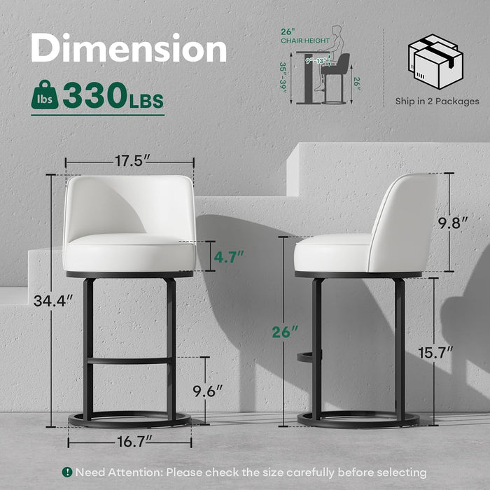26" White Counter Height Bar Stools Set of 4, Anti-Pinch Swivel