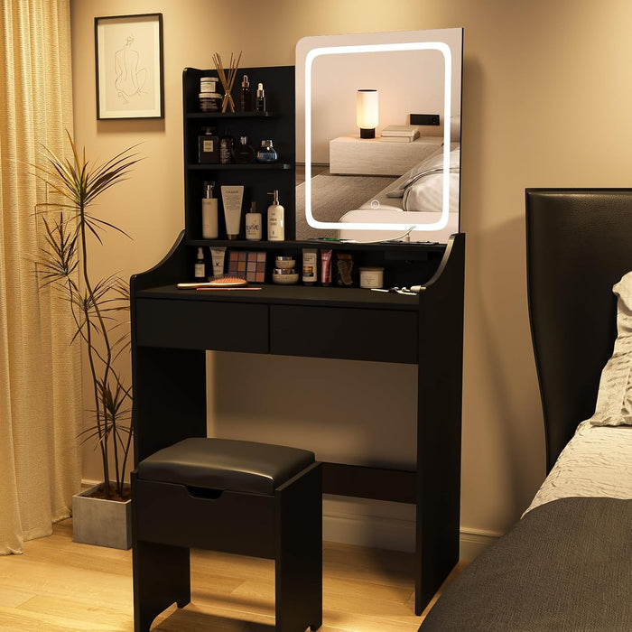 Vanity Desk with LED Light Mirror and Charging Station, Small Cute Vanity Set with 4 Storage Shelves 2 Drawers, Vanity for Girls Women with Storage Stool, Vanity Table for Bedroom (Black)