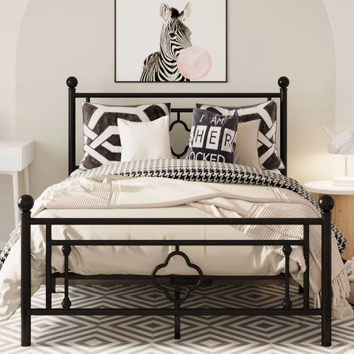 Queen Size Metal Platform Bed Frame with Victorian Vintage Headboard and Footboard, Black