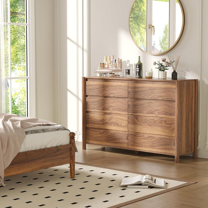 Walnut Dresser for Bedroom，55" Wide Mid Century Chest of Drawers with 8 Large Storage Space and 4 Solid Wood Cylindrical Legs,8 Drawer Large Dresser for Bedroom