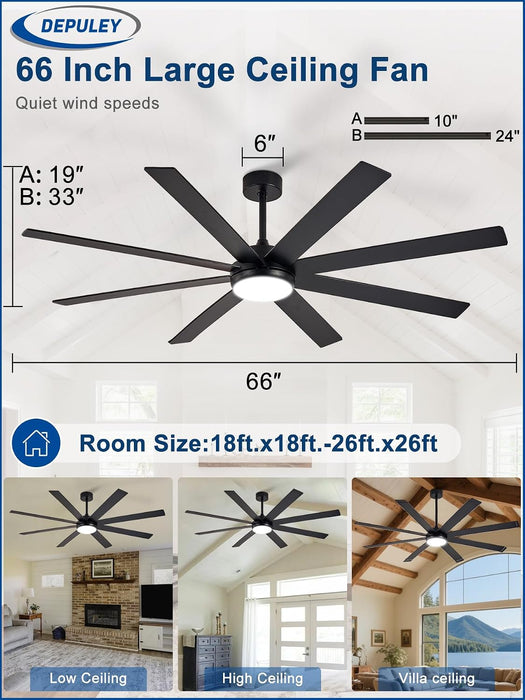 66" Ceiling Fans with Lights: Black Indoor/Outdoor Ceiling Fan for Patios Living Room - 8 Blades Dimmable Large Ceiling Fans with Remote APP Control Timer Reversible Quiet DC Motor 6 Speeds