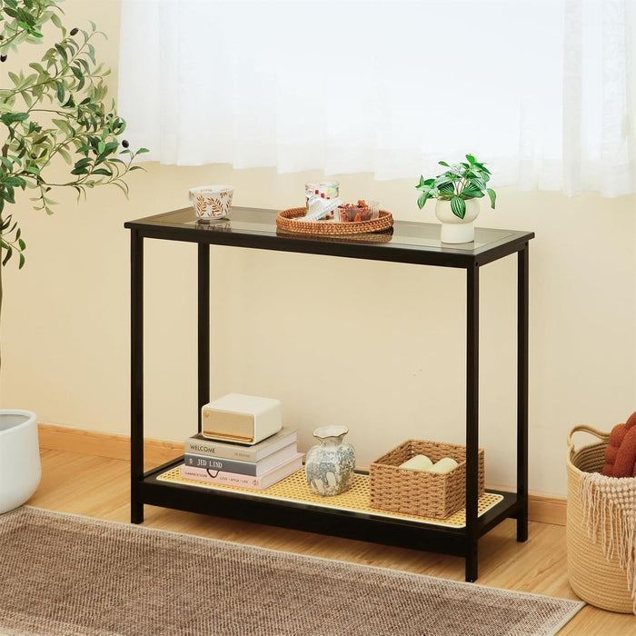 Bamboo Narrow Console Table, 39.4"(L) Wood Small Entryway Table with Rattan and Glass, Accent Slim Hallway Tables, Thin Sofa Side Tables for Hallway, Living Room, Bedroom, Foyer, Black