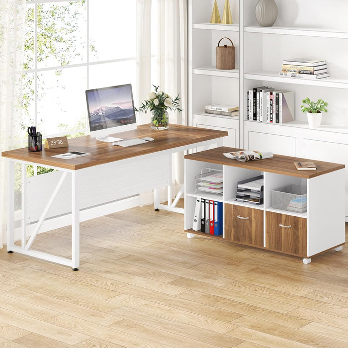 63-Inch Executive Computer Desk with 47-Inch Lateral File Cabinet, Large Workstation Business Furniture, L Shaped Desk with Drawers and Storage Shelves for Home Office, Walnut & White