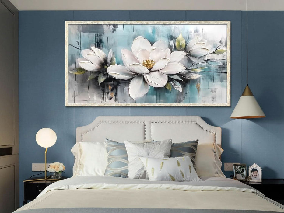 Magnolia Wall Art Framed Canvas Wall Decor Living Room, White Floral Picture Wall Decor Teal Painting Flower Textured Large Artwork for Bedroom Dining Room Home Office 48"X24"