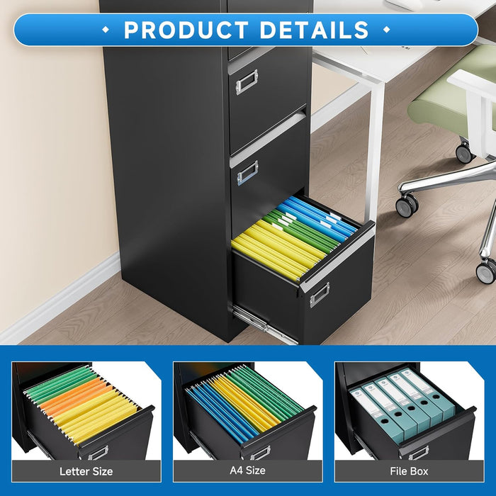4 Drawer File Cabinet with Lock Metal Vertical File Cabinet Office Home Vertical File Cabinet for A4 Legal/Letter Size Narrow File Cabinet Locked,Assembly Required