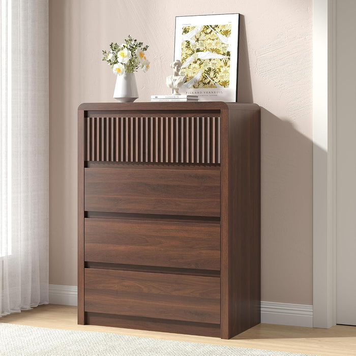 Fluted 4 Drawer Dresser for Bedroom, 40” Tall Modern Dresser & Chest of Drawers with Curved Profile Design, Wood Mid Century Dressers for Bedroom, Living Room, Walnut