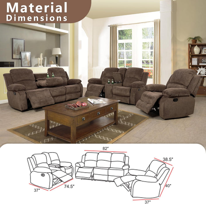 Manual Recliner Sofa Set,Microfiber Reclining Couch Set,Modern Living Room Furniture Set,Reclining Sofa Couch Chair for Living Room Home Office(Brown,3 Pieces Set)