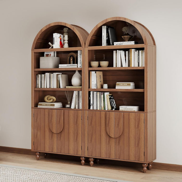 2 Pack 71" Tall Arched Bookshelf with Storage Cabinet, Modern Wood Display Bookcase with Arched Top, 3 Adjustable Open Shelves, 2 Doors Cabinet, for Living Room, Bedroom, Walnut
