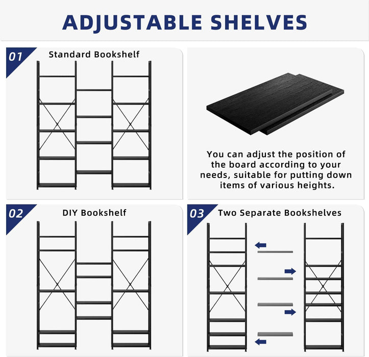 Industrial Black Triple Column Five Tier Bookshelf