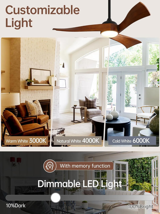 52 Inch Ceiling Fan with Light and Remote, Modern 3 Solid Wood Blades Ceiling Fan, 6 Speeds 5500CFM, Dimmable 3-Color LED with Memory, Timer & Quiet & Reversible DC Motor, ETL, Walnut Wood