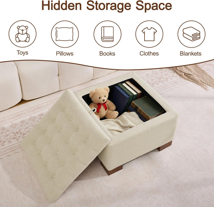 24" Fabric Square Storage Ottoman with Wooden Tray, Modern Tufted Button Footstool Coffee Table, Upholstered Small Ottoman for Living Room, Bedroom, Khaki