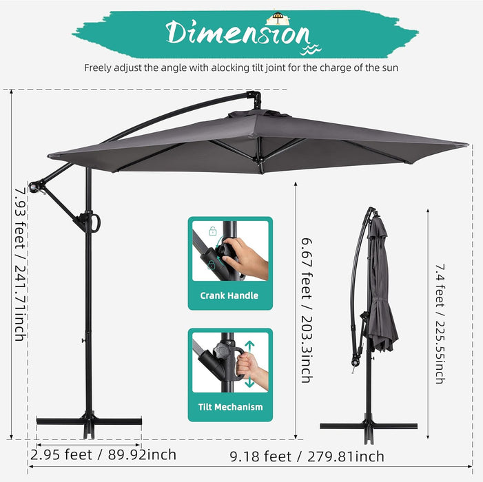 Offset Patio Umbrella with Easy Tilt Adjustment,Crank and Cross Base, Outdoor Cantilever Hanging Umbrella, Sunshade Free Standing Canopy, Dark Gray