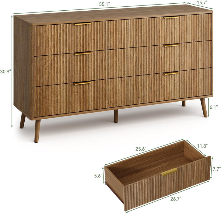 55" Wide Fluted Dresser for Bedroom with 6 Drawer, Modern Chest of Drawers with Curved Profile Design and Metal Handles, Wood Dresser TV Stand & Storage Organizer for Living Room, Walnut