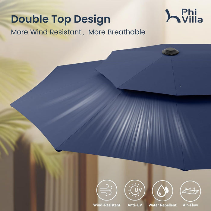 13Ft 2-Tier Outdoor Patio Umbrella with Base Included, Navy Blue | Large, Double-Sided, Rectangle, Rectangular, for Table Market, with Stand, Triple-Head, Windproof, for outside Poolside Lawn