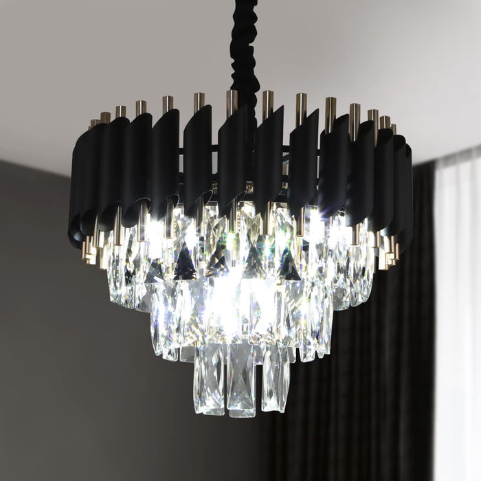 Dimmable ThreeTier Crystal Chandelier Black Gold SixteenInch
