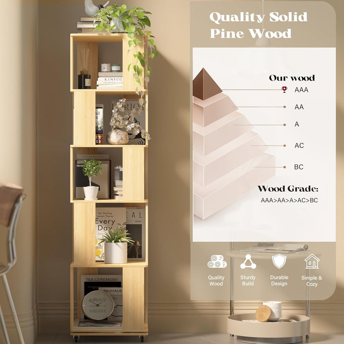 Five Tier Solid Wood Rotating Bookshelf NaturalFinish