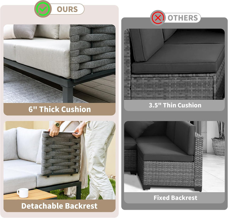 8 Pieces Patio Furniture Set Convertible Outdoor Furniture Set W/ 6" Ultra Thick Cushions and 2 Coffee Tables, All-Weather Sectional Sofa Couch, Beige