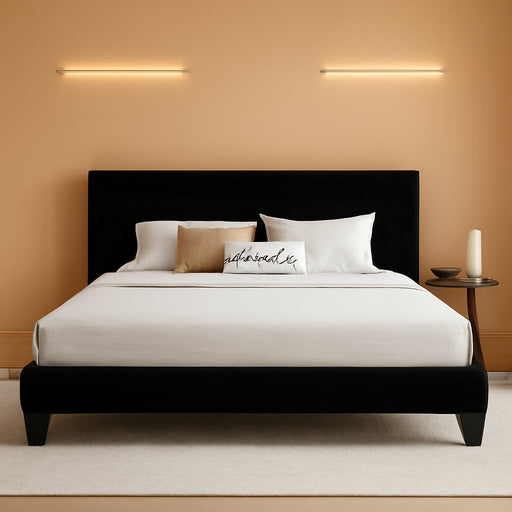 King Platform Bed Frame with Velvet Upholstered Headboard, Mattress Foundation with Strong Wooden Slats Support, No Box Spring Needed, Black