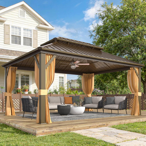 12X16FT Hardtop Gazebo, Outdoor Pergolas with Mosquito Netting and Curtains, Double Galvanized Steel Roof Permanent Aluminum Gazebo W/Sturdy Hooks for Patio, Deck, Backyard, Lawn, and Garden
