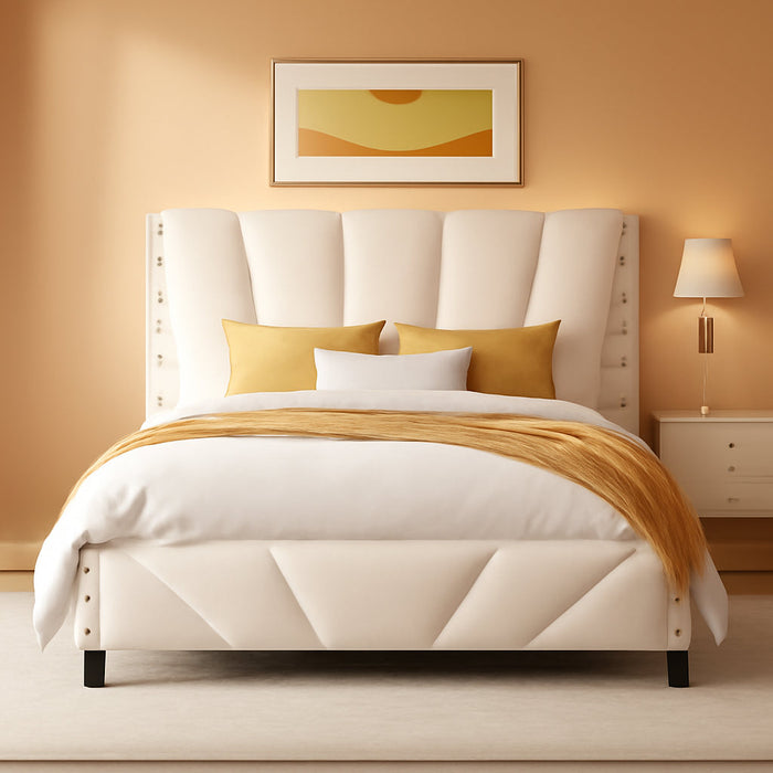 Queen Bed Frame and Headboard, Velvet Upholstered Bed Frame Queen Size with Charging Station and LED Lights, Platform Bed Frame for Bedroom, Apartment, Dorm, Noise-Free, Easy Assembly, Beige