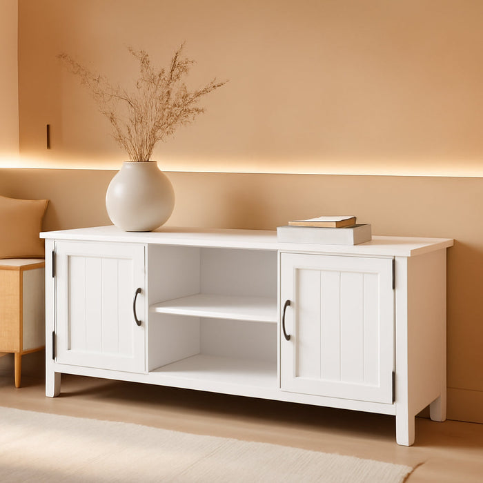 Buren Classic Grooved Door TV Stand for Tvs up to 65 Inches, 58 Inch, Solid White