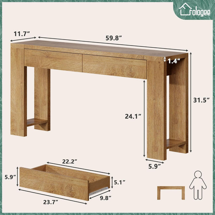 60 Inch Long Entryway Console Table with Drawers, Farmhouse Sofa Table behind Couch, Entrance Accent Table for Hallway, Living Room, Foyer, Bedroom, Wooden Thick Tabletop (Natural)