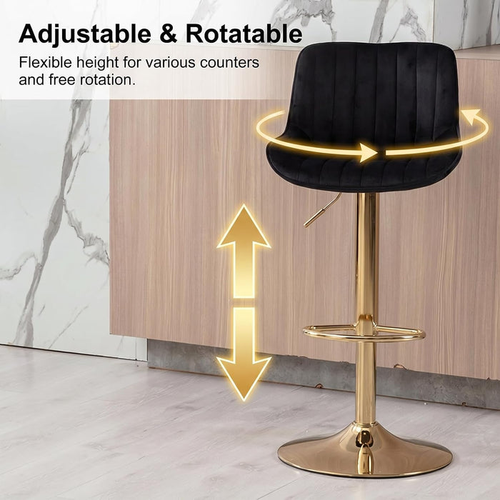 Velvet Bar Stools Set of 4 - Swivel Counter Height Barstools with Back & Adjustable Height, Modern Gold Kitchen Island Stools for Bar, Armless Pub Stools, Soft Black Upholstered Seating