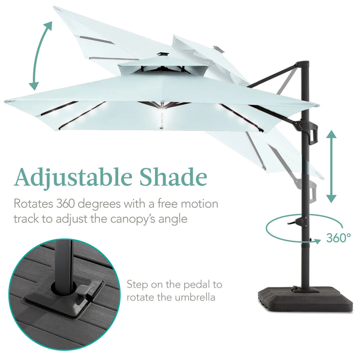 10X10Ft 2-Tier Square Outdoor Solar LED Cantilever Patio Umbrella W/ Base Included - Baby Blue