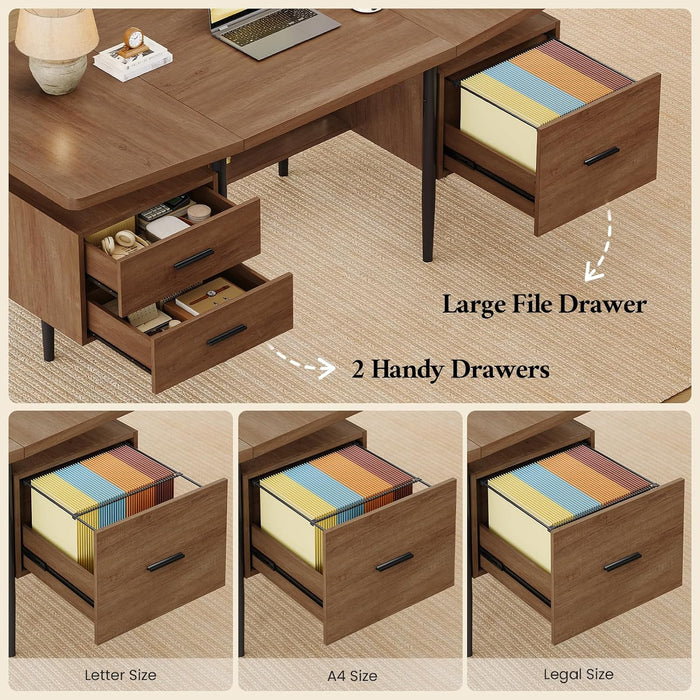 70.9" W X 27.6" D Office Desk with 3 Drawers, Modern Computer Desk with Storage, Home Office Desks with File Drawer, Privacy Panel, Large Executive Desk, Brown
