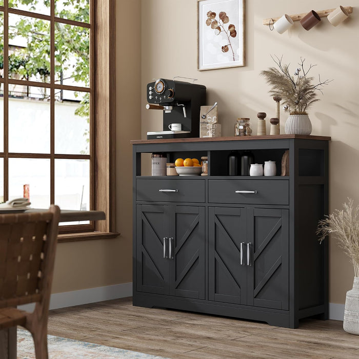 Sideboard Buffet Cabinet with Storage & Shelves, Farmhouse Kitchen Storage Cabinet Wood Coffee Bar Sideboard Cabinet with 4 Doors for Kitchen, Living Room, Entryway, 47" W Black