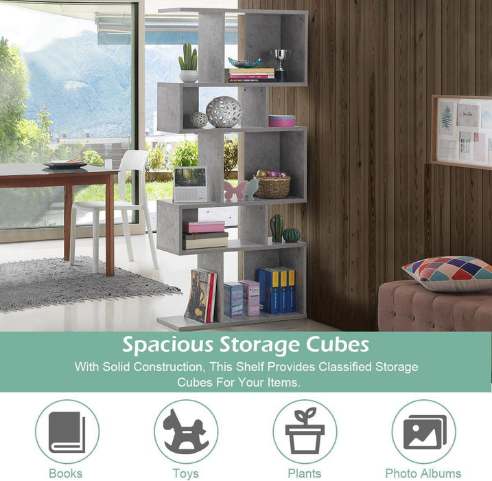 5-Tier Geometric Bookshelf Set of 2, 70'' Tall Wood Freestanding Decorative Display Open Shelves with Anti-Tipping Device, Each Shelf Holds up to 44 Lbs, Wooden S Shaped Bookcase, Gray