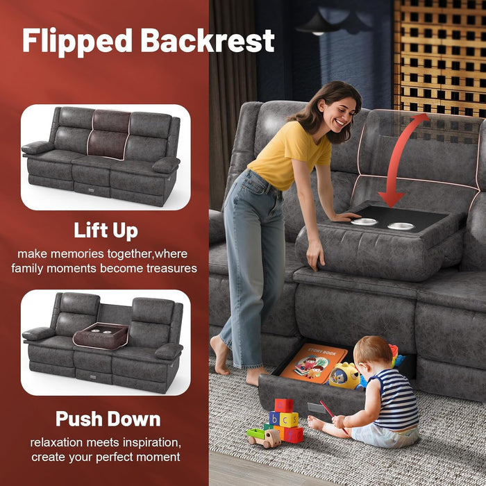 3 Seater Recliner Sofa, FSC Certified Manual Reclining Couch with Flip-Up Middle Backrest & Drawers, Modern Recliner Sofa with USB Ports & Cup Holders for RV, Living Room