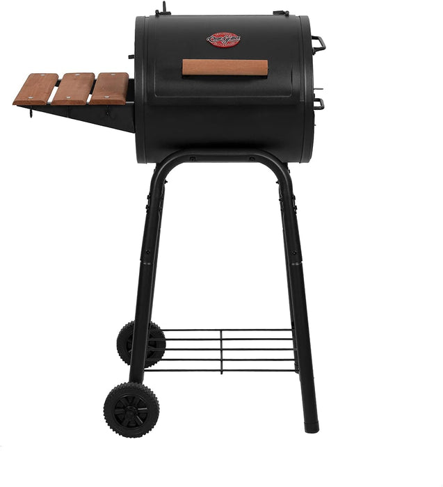® Patio Pro Charcoal Grill and Smoker with Cast Iron Grates, Premium Wood Shelf and Damper Control, 250 Cooking Square Inches in Black, Model E1515