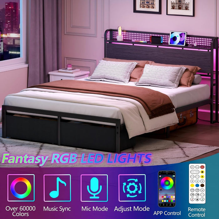 Queen Bed Frame with Storage Headboard,Charging Station,2 Drawers