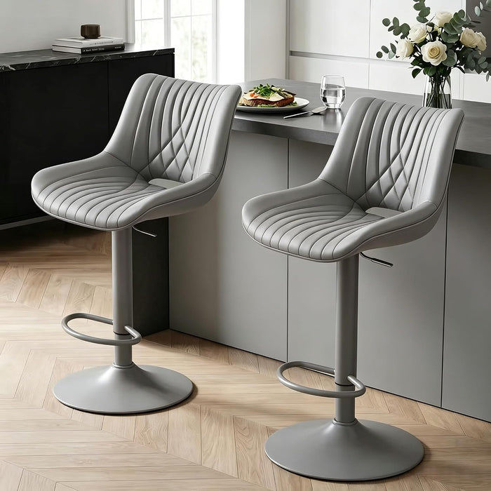 Swivel Bar Stools Set of 2, Height Adjustable Counter Height Bar Stools with Open Back and Footrest, Premium Faux PU Leather, Modern Upholstered Bar Chairs for Kitchen Island/Bar/Counter, Gray