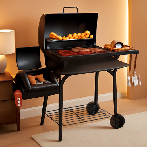 Charcoal Grill Offset Smoker, 744.5 Sq.In Outdoor BBQ Smoker Grill with Side Fire Box, 4-Position Charcoal Pan, Built-In Thermometer, Side Table & Wheels for Backyard Patio Camping