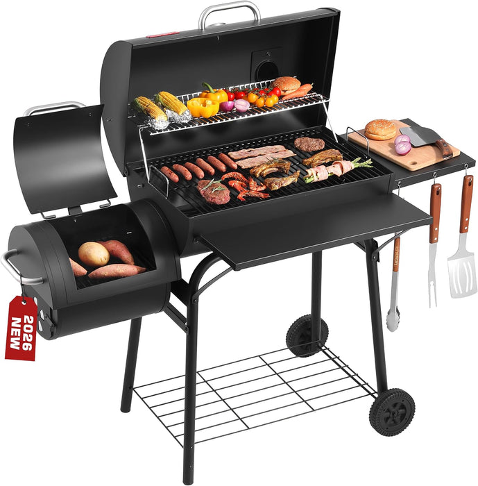 Charcoal Grill Offset Smoker, 744.5 Sq.In Outdoor BBQ Smoker Grill with Side Fire Box, 4-Position Charcoal Pan, Built-In Thermometer, Side Table & Wheels for Backyard Patio Camping