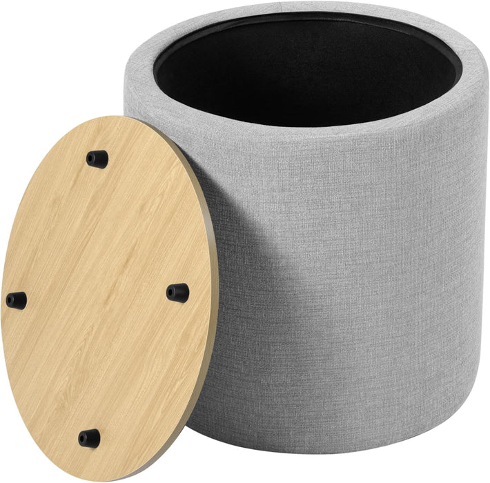 Storage Ottoman with Wood Top - Light Gray Textured Woven