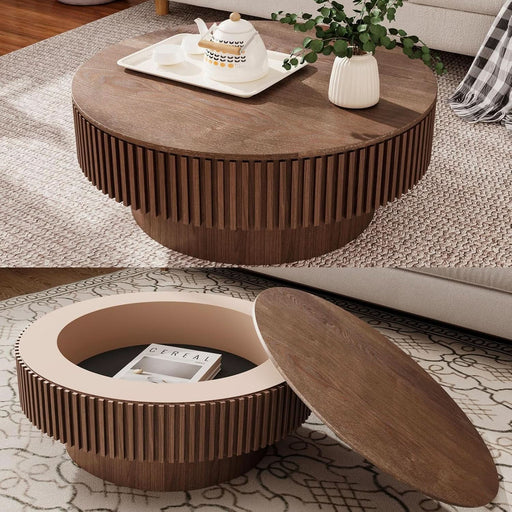 31.5" round Coffee Table with Hidden Storage Compartment, Modern Handcraft Fluted Drum Coffee Table, Wooden Circle Center Table Cocktail Tea Table with Sturdy Pedestal for Living Room, Walnut