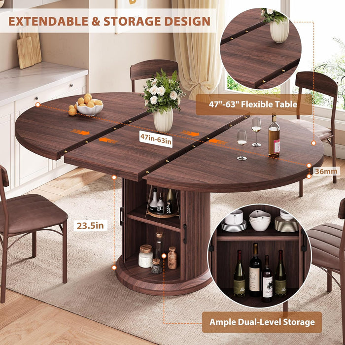 Dining Table for 4-6,63“Extendable round Kitchen Dining Room Table with 2-Tier Storage Shelf, Space Saving Expandable Wood Oval Circle Dinner Furniture with Pedestal Base (Brown)