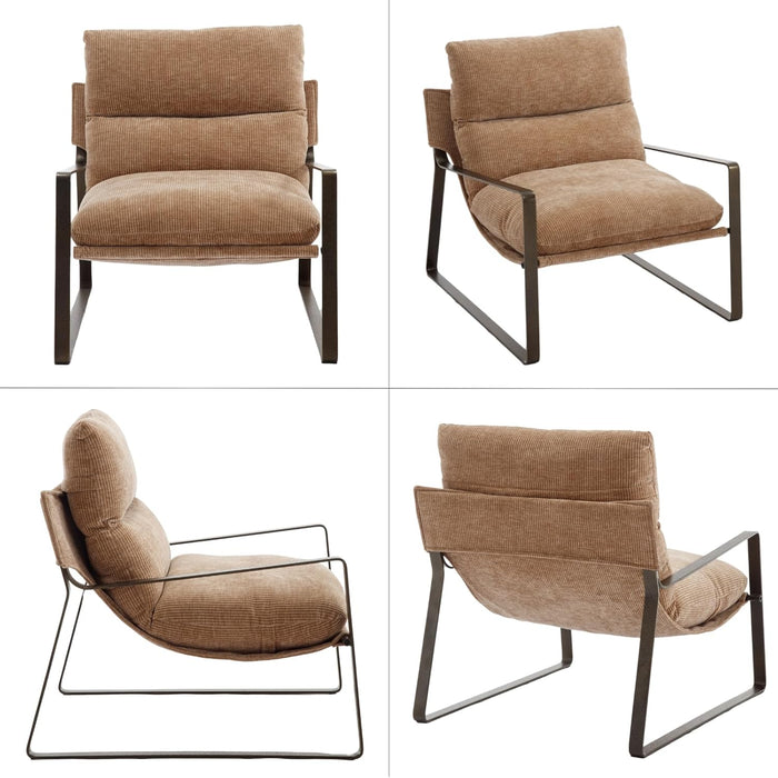 Mid-Century Accent Chair Set of 2, Comfy Chenille Fabric Side Chair with Armrest, Upholstered Leisure Chair with Bronze Metal Frame for Living Room Reception Room, Khaki