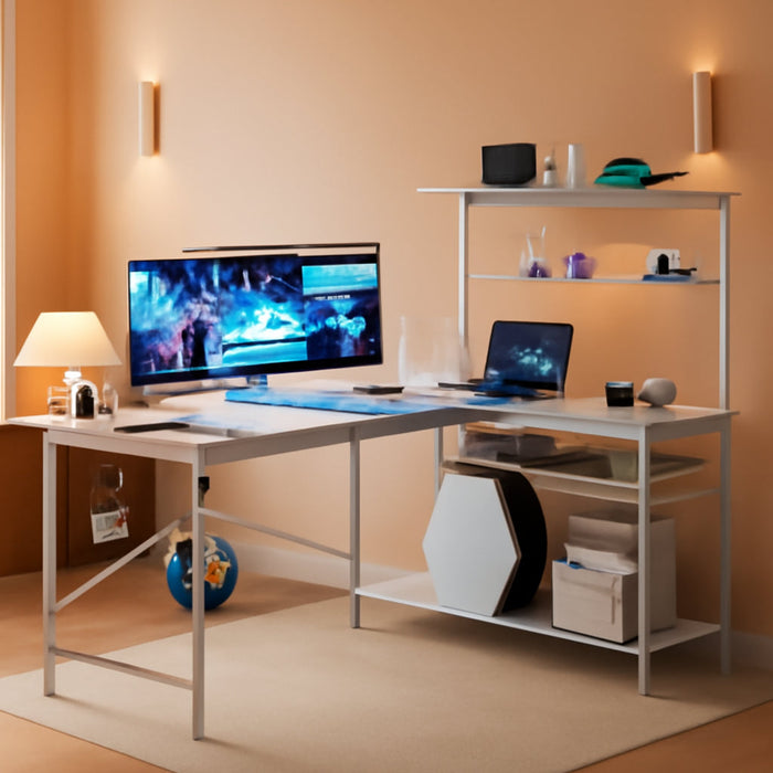 Gaming Desk 51" L-Shaped, with Power Outlets & LED Lights- 4 Tier Shelves, Reversible Gamer Table with Hooks & Cup Holder for Home Office,Carbon Fiber White