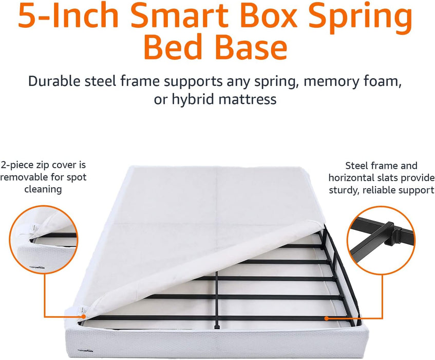 Smart Box Spring Bed Base, 5-Inch Height Mattress Foundation, Tool-Free Easy Assembly, Full, 74"L X 53"W X 5"H, White