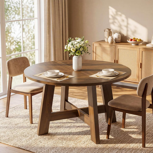 round Dining Table for for 4-6 People, 47-Inch Circle Kitchen Table with Reinforced Cross Brace, Farmhouse Dining Room Furniture for Living Room, Apartment, Restaurant, Walnut Brown